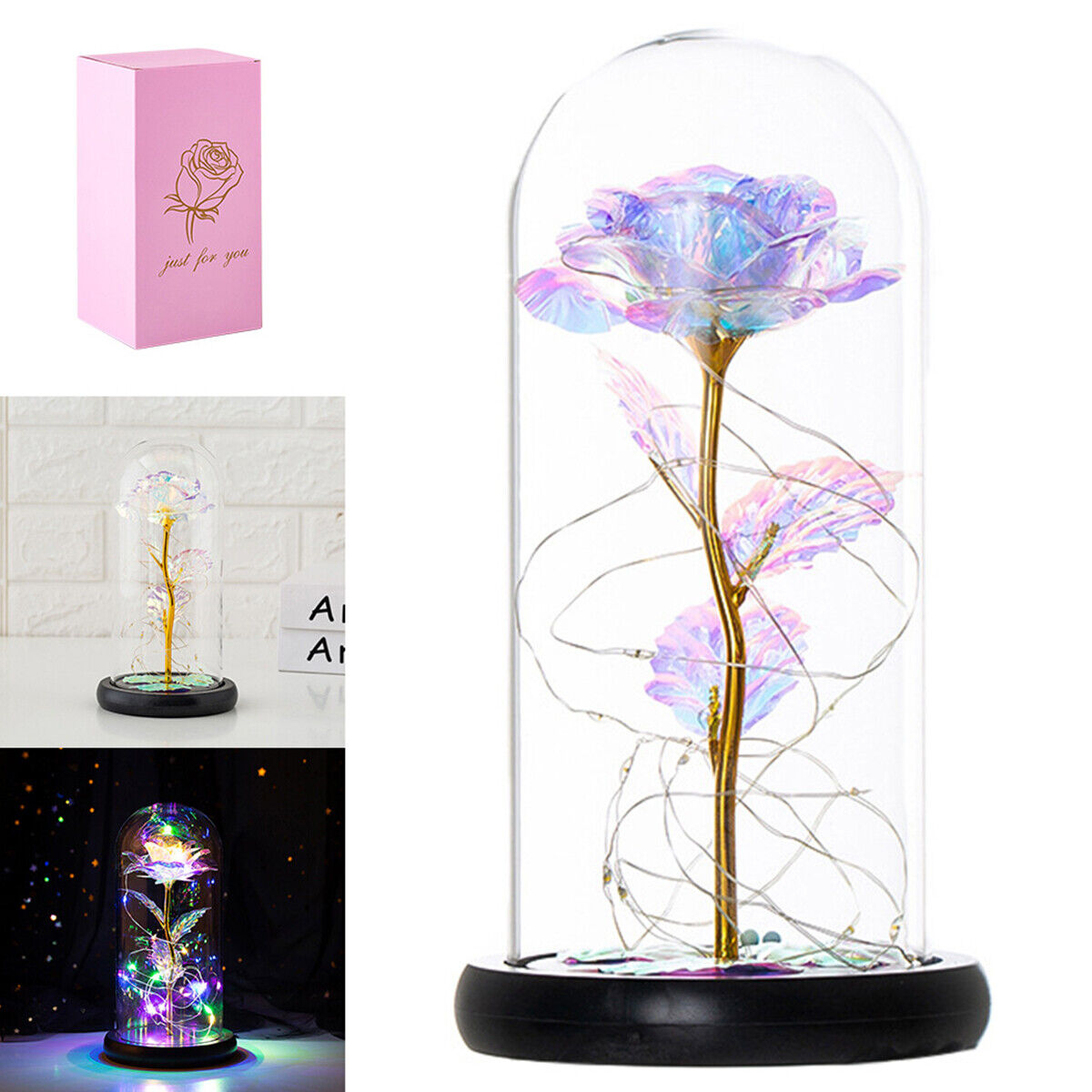 LED Eternal Rose Flower In Glass Enchanted Forever Rose For Valentines Xmas Gift