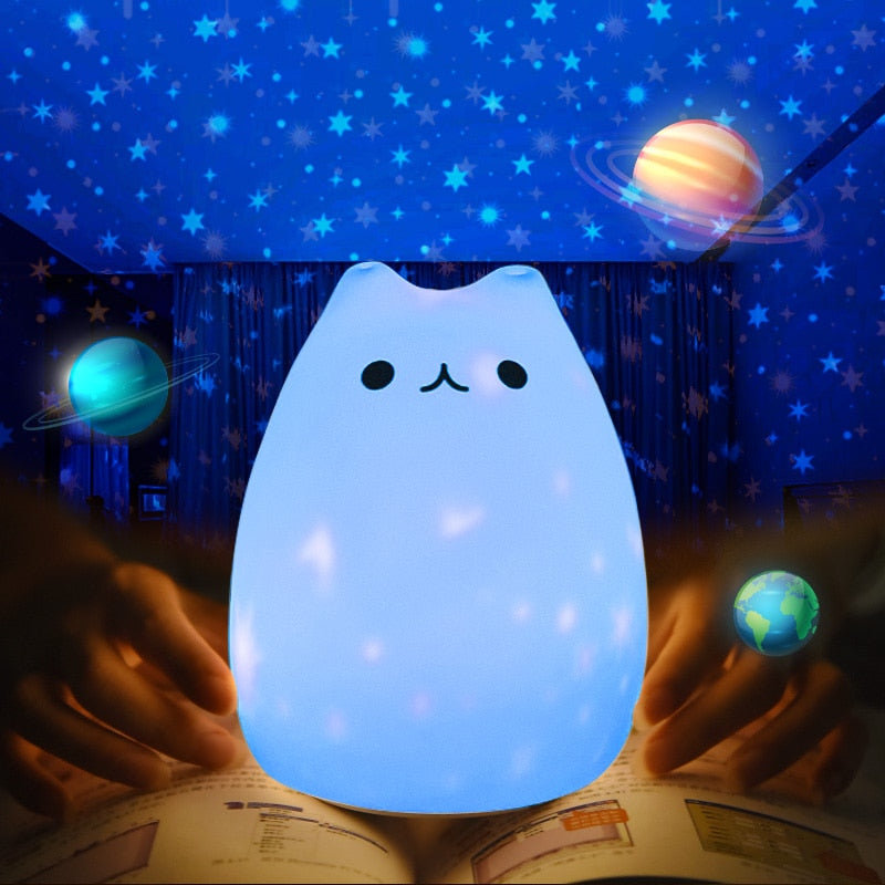 LED Night Light Star Projector Lamp Cat USB Rechargeable Silicone Cartoon Baby Children Nursery Lamps Boy Girl Gift Bedroom Deco