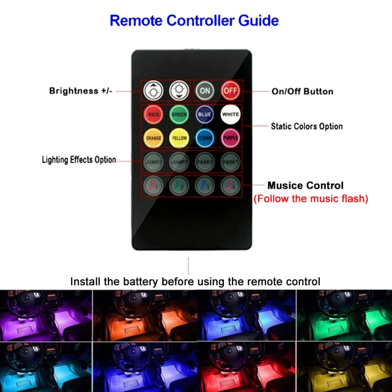 Car LED RGB Atmosphere Strip Light Remote voice control Interior Styling Decorative RGB LED Dynamic ambient Strip Light 12V