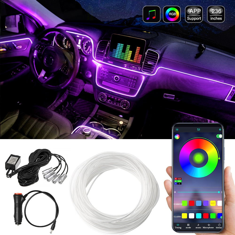 Car Atmosphere Light Ambient Interior Decoration App Sound Control Wireless RGB Neon Led Strips Auto Flexible Lamps