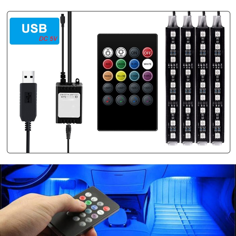 Car LED RGB Atmosphere Strip Light Remote voice control Interior Styling Decorative RGB LED Dynamic ambient Strip Light 12V